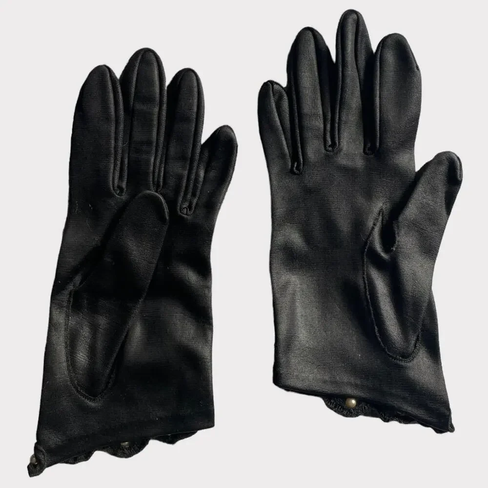 Gorgeous Black Womens Leather Gloves Faux Pearl Embellished Small